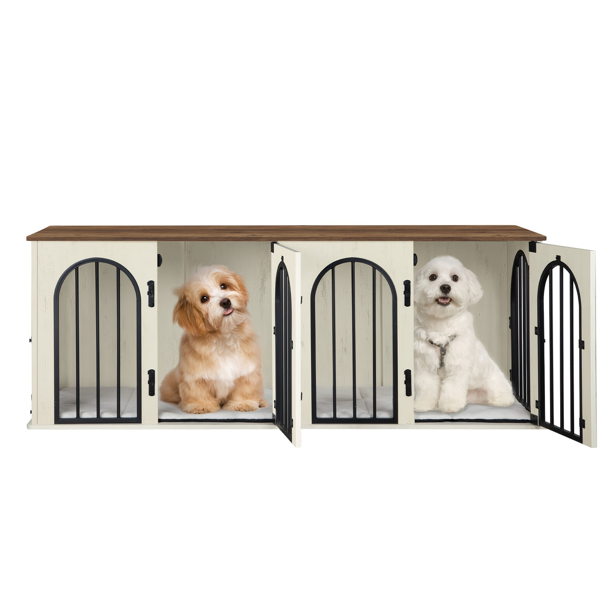71" Heavy Duty Dog Kennels | Wooden Dog Crate Furniture for 2 Dogs, Small/Medium/Large, with Divider, Pads, Side Table, TV Cabinet, Anti-Chew, Anti-Escape, Black Golden/Greige/White/White Brown - HZUANERI