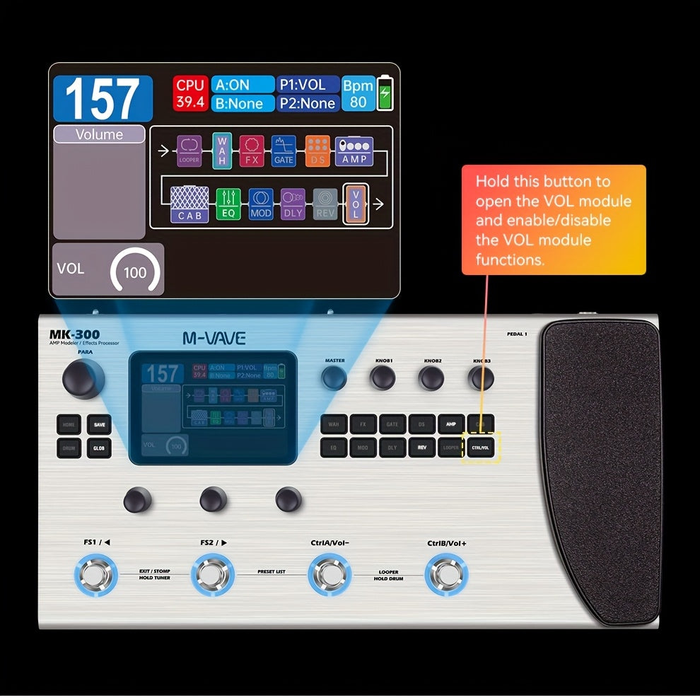 M-VAVE MK-300 -in- Electric Guitar & Bass Multi-Effects Processor with Drum Machine Backing Loop, Emulated Amplifier Suitable for Studios, Performances, Recording Gear, Looping Effects Unit