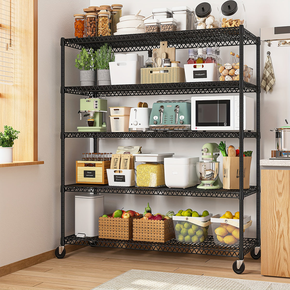 REIBII Storage Shelves 3200 LBS Capacity Wire Shelving with Wheels Heavy Duty Metal Shelf for Warehouses, Garage, Kitchens, School, Commercial Shelf, 73" H X 60" W X 18" D, Standing Shelf