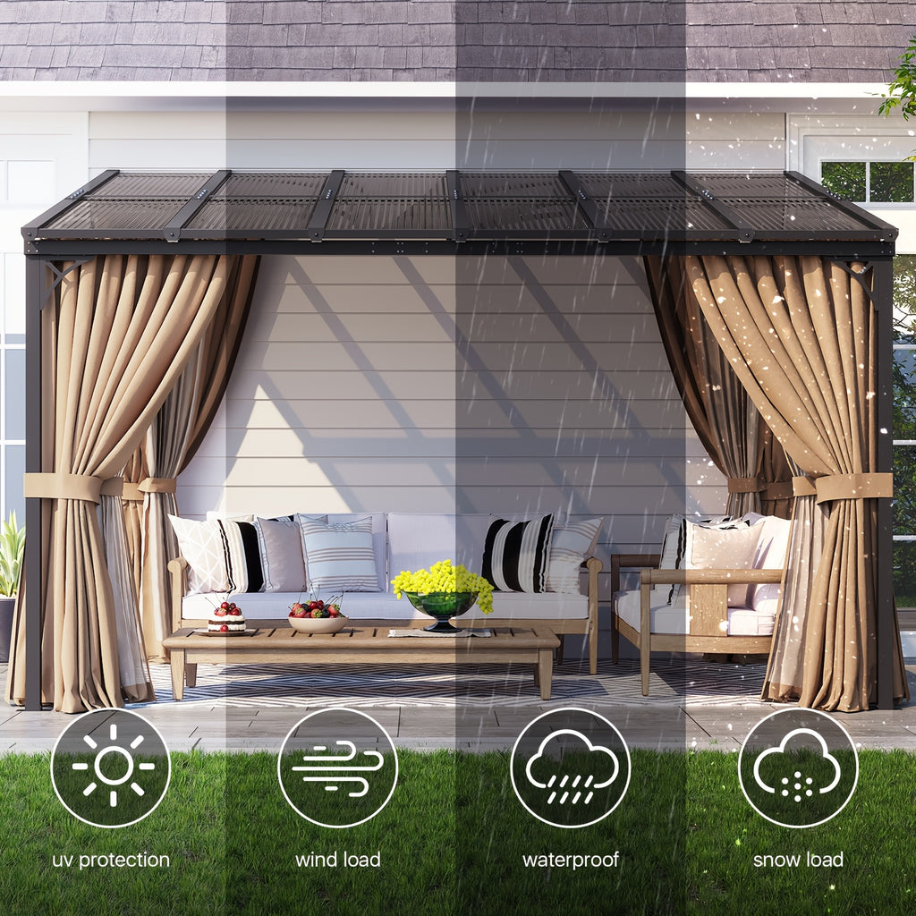 8x10/14x10/12x10/16x10/20x10ft Gazebo, Wall-Mounted Pergola with Drapes, Patio Gazebo Compact Sturdy Hardtop for Gardens Yards Backyard Deck Outdoor(Brown)