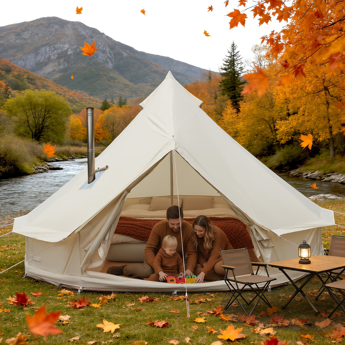 118.11inch/157.48inch/196.85inch Bell Tent, Yurt Tent 6/8/10 Person | 4 Season Glamping Tents With Stove Jack, Zipper Closure, Yellow Color By Consofa For Family Camping Outdoor Party