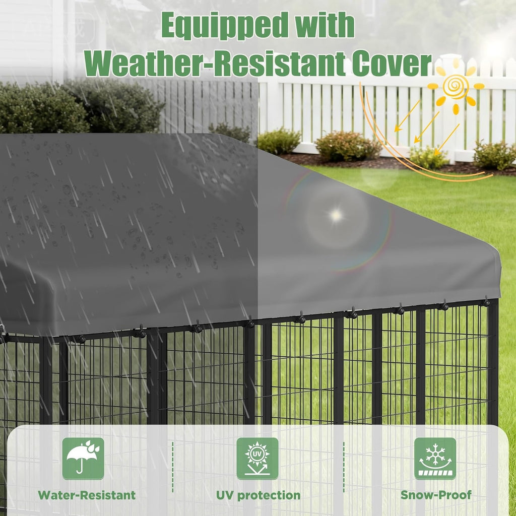 Heavy Duty Outdoor Dog Kennel for Yard, 10x10 Large Chain Link Fence with Roof, Dog Run Enclosure with Self-Locking Latch & Feeding Bowl