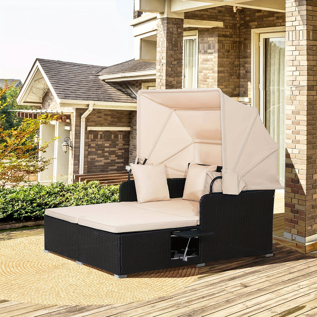 COSTWAY Patio Rattan Daybed Lounge Retractable Top Canopy Side Tables Cushions Gray.