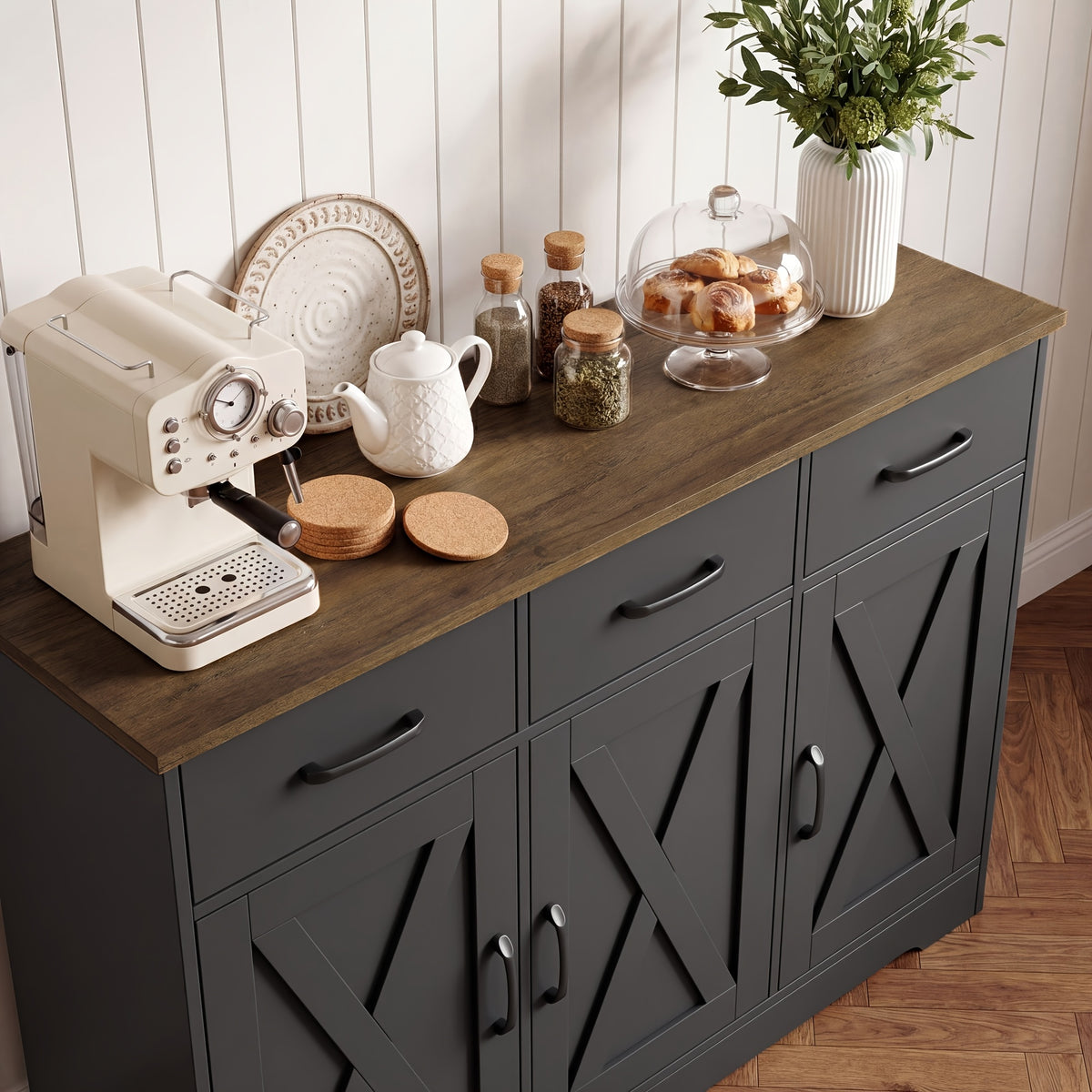 FULTRU Modern Farmhouse Cabinet with Barn Door & Sliding Panel Doors Suitable for Kitchen, Dining Room Storage, Freestanding Buffet Furniture with Drawers and Open Shelves, Assembly Required, Multifunctional Sideboard