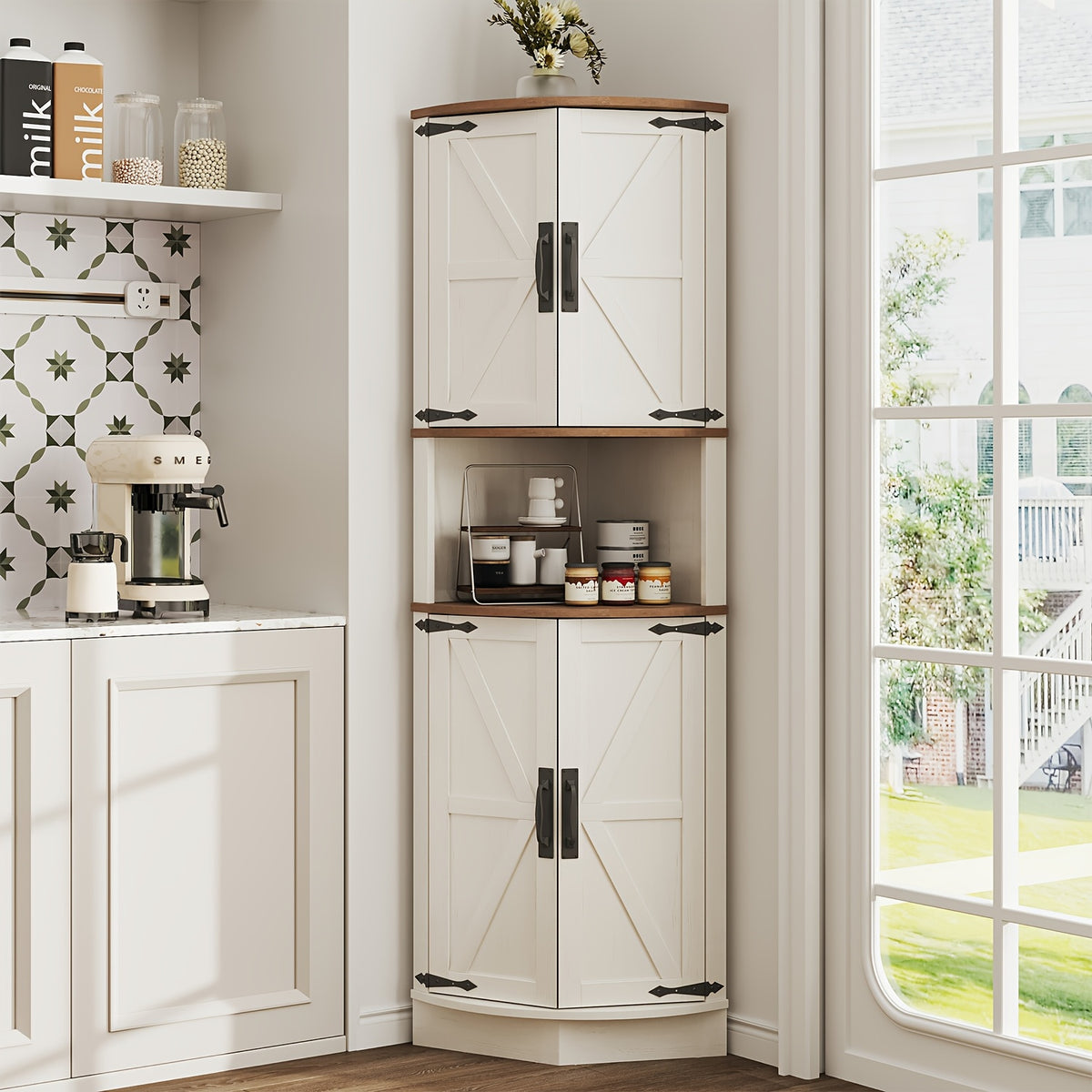 Farmhouse Corner Cabinet with Vintage Barn Door, 4 Doors & 5 Adjustable Shelves, Multifunctional Storage Organizer for Kitchen Corner, Dining Room, Laundry Room, Pantry | Freestanding Space Saver Cupboard White/Grey/Blue/Green