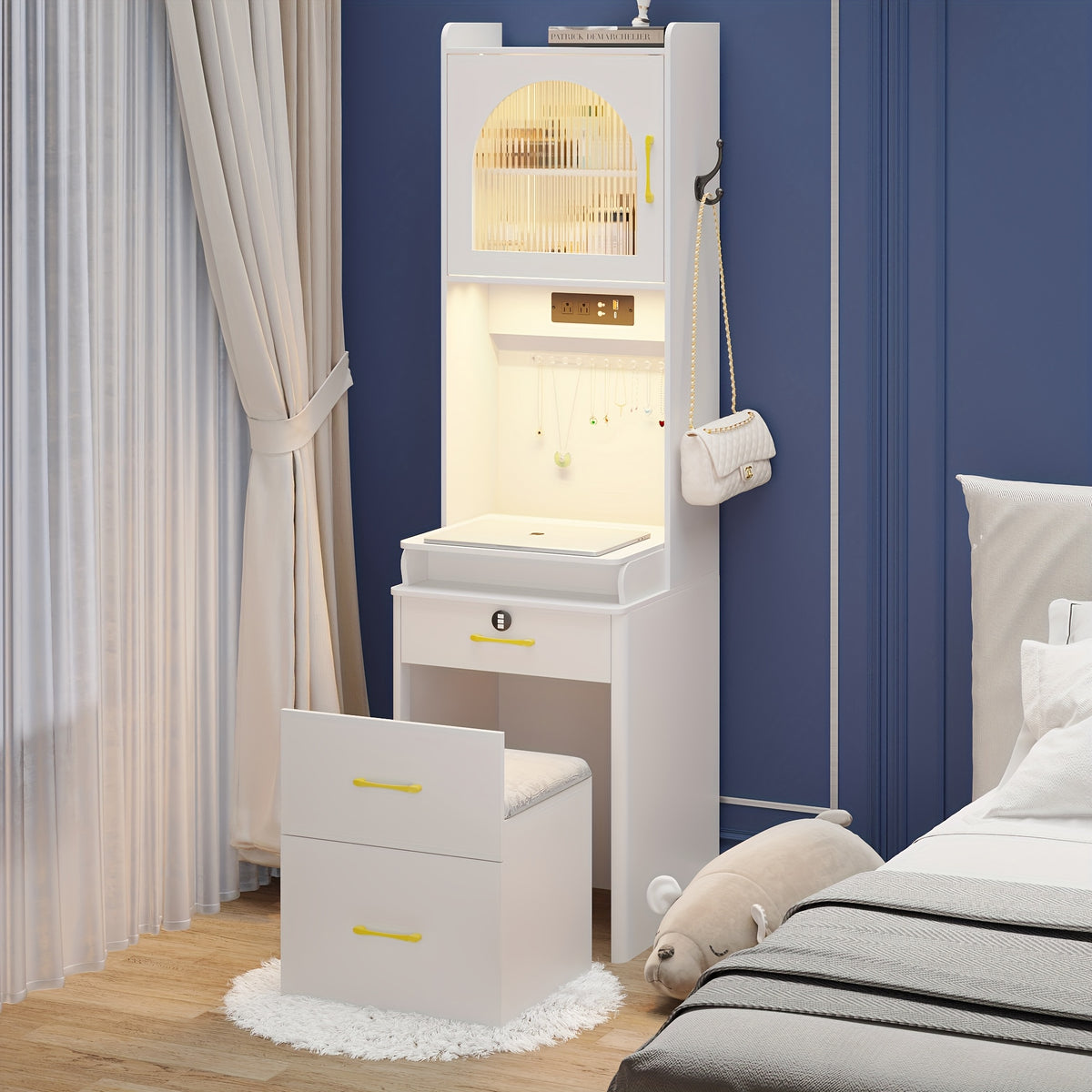 Dystler Small Vanity Desk with Mirror And Lights, Makeup Vanity Table with Drawers for Small Space, Compact Mini Corner Vanity Set Dressing Table - Charging Station & Human Motion Sensing for Bedroom9 (Grey)