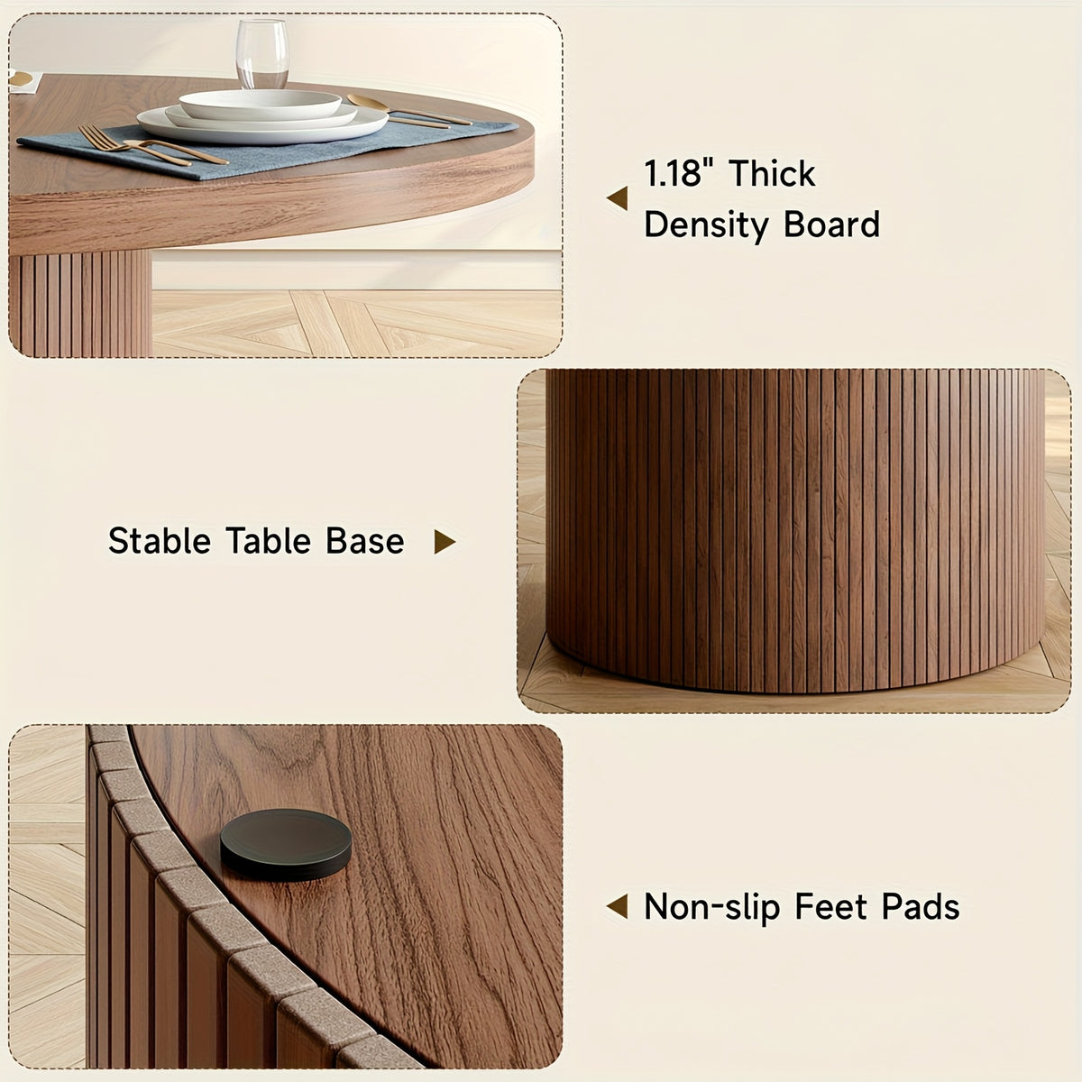 47 Inch Round Dining Table for 4, Circle Kitchen Table with Wood Strip Base, Modern Farmhouse Dinner Tables for Kitchen, Living Room Walnut/Black