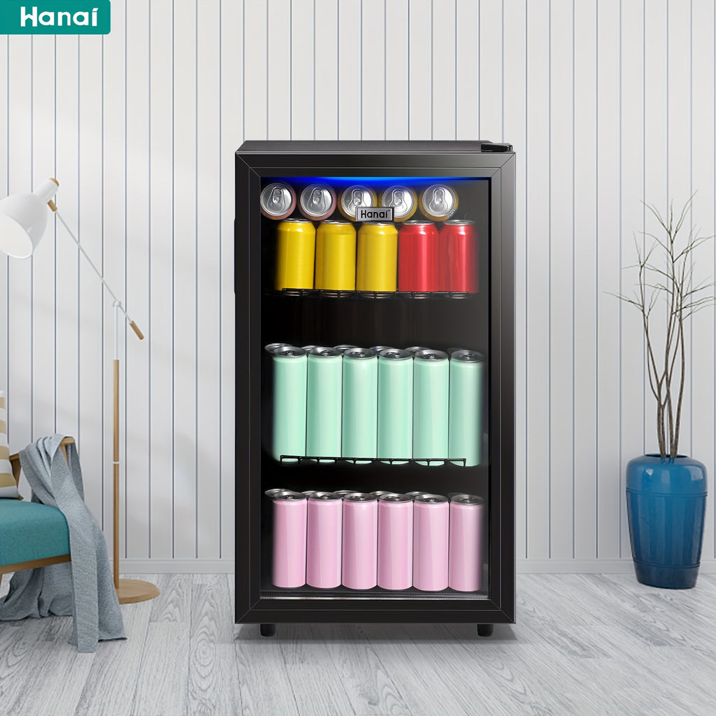 WANAI Beverage Refrigerator 125 Can Mini Fridge Cooler Black Mini Fridge Glass Door for Soda Juice Small Drink Cooler Machine Clear Front Removable for Home Office Bar Freestanding
