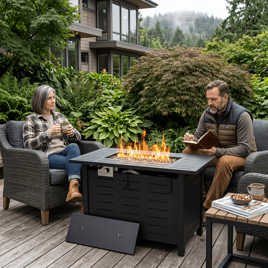 40 44in 50000 BTU Propane Fire Pit Outdoor - Rectangular Steel Gas Fire Table with Lid | Waterproof Cover Metal Black Firepit for Patio, Backyard, Deck (Black/Brown)