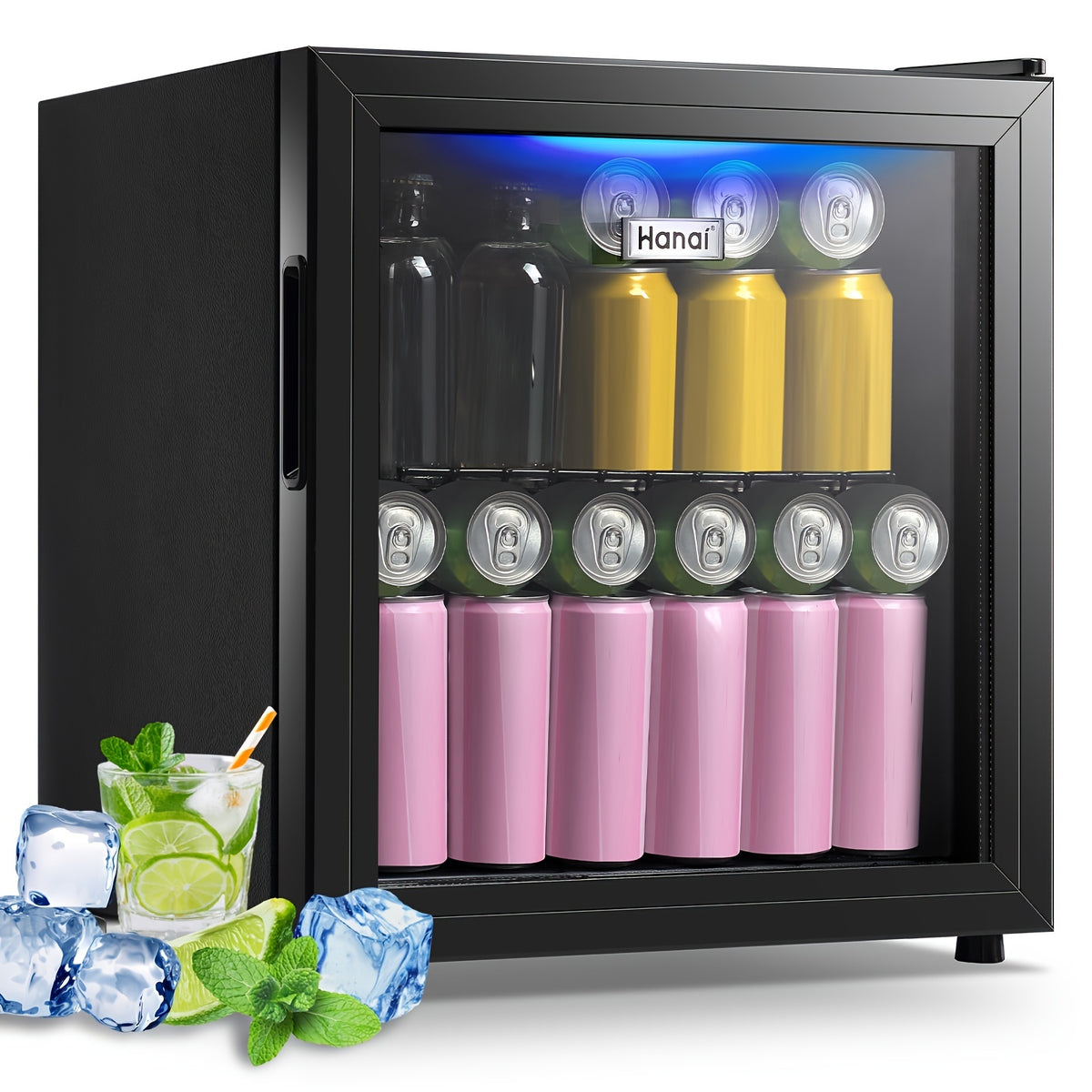 WANAI Beverage Refrigerator 125 Can Mini Fridge Cooler Black Mini Fridge Glass Door for Soda Juice Small Drink Cooler Machine Clear Front Removable for Home Office Bar Freestanding
