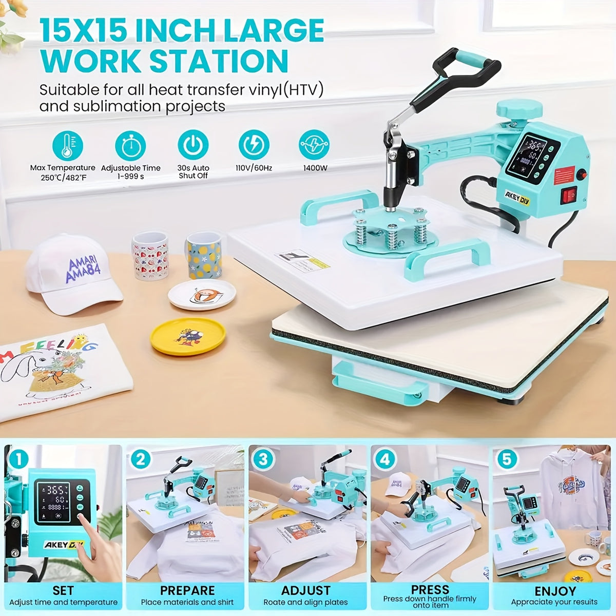 15"x15"/15"x12" - 8-in-1/ 5-in-1 Heat Press Machine Combo, Rotatable Design, Multi-Size Transfer Professional Sublimation Combination, Suitable for T-shirts, Bags, Pillows, Hats, Beanies, Roller - 3in 1 Auto Hat Press Can Only Press Hats