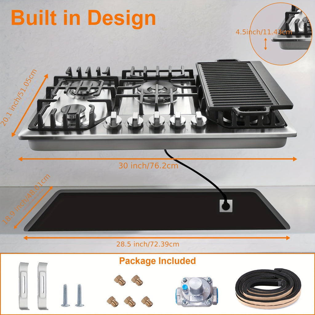 Bulit-In Gas Cooktop 30 Inch with Griddle, 5 Italy SABAF Powerful Burners, Max 48300 BTU Gas Stove Top, 304 Stainless Steel Panel, NG/LPG Convertible