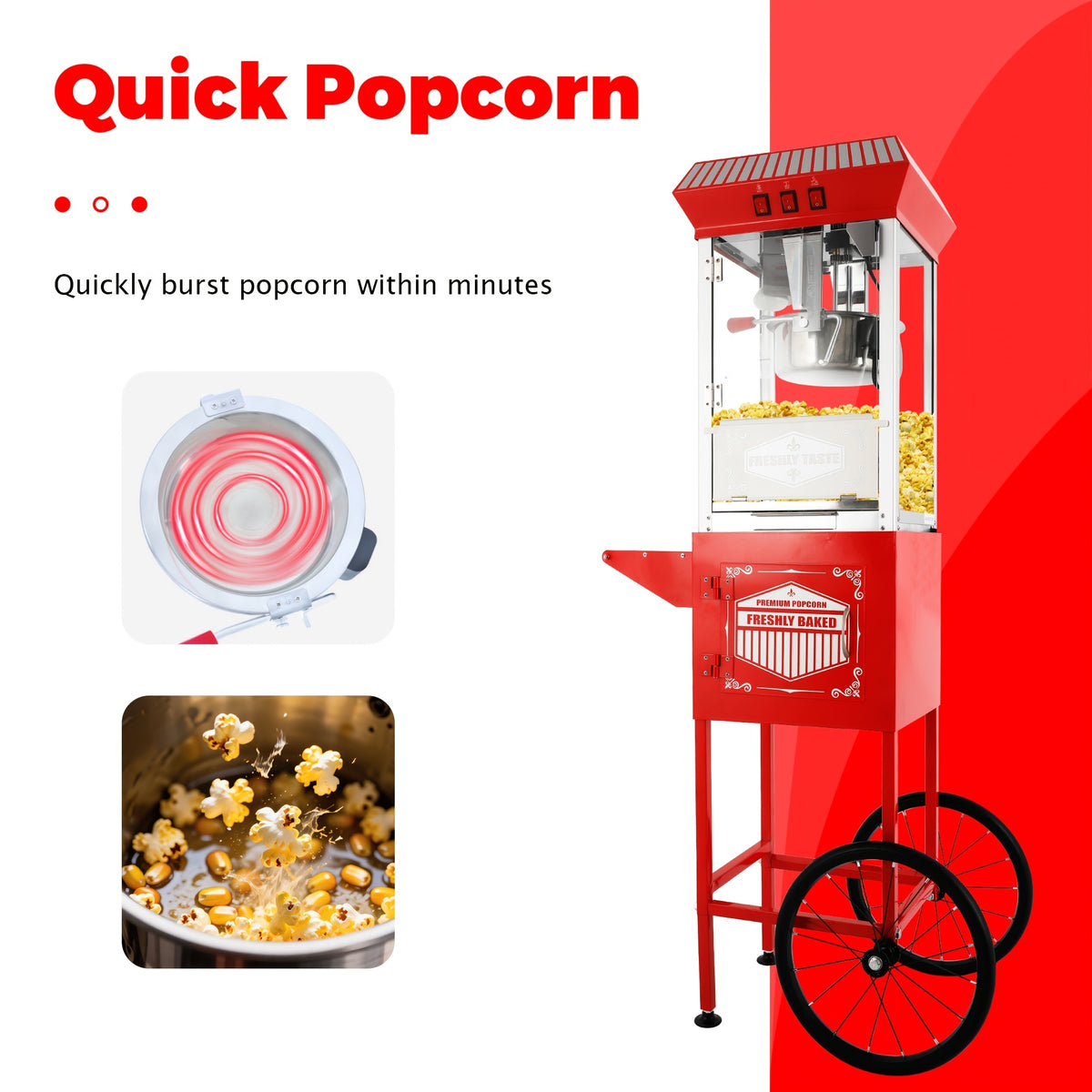 12Oz Popcorn Machine with Cart, 3-Switch Popcorn Maker, Stainless Steel And Tempered Glass, Perfect for Movie Theaters, Parties And Family Gatherings
