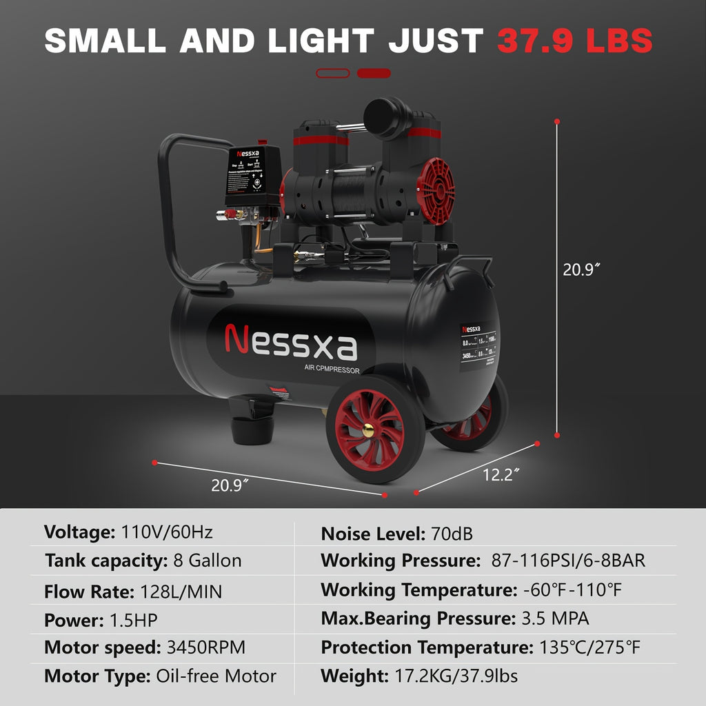 8 Gallon Ultra Quiet Air Compressor, 1.5HP 4.52 CFM, Max 115 PSI Oil-Free Air Compressor Tank, 110V/60Hz, 70dB Air Compressor for Car Repair, Spray Painting, Woodwork Nailing
