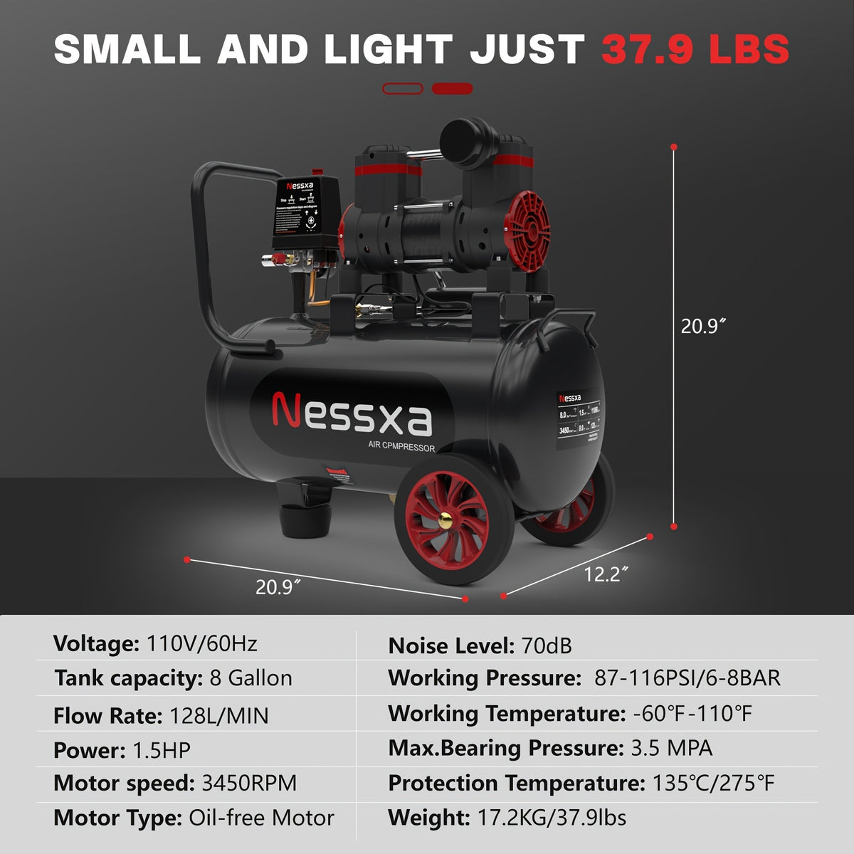 8 Gallon Ultra Quiet Air Compressor, 1.5HP 4.52 CFM, Max 115 PSI Oil-Free Air Compressor Tank, 110V/60Hz, 70dB Air Compressor for Car Repair, Spray Painting, Woodwork Nailing