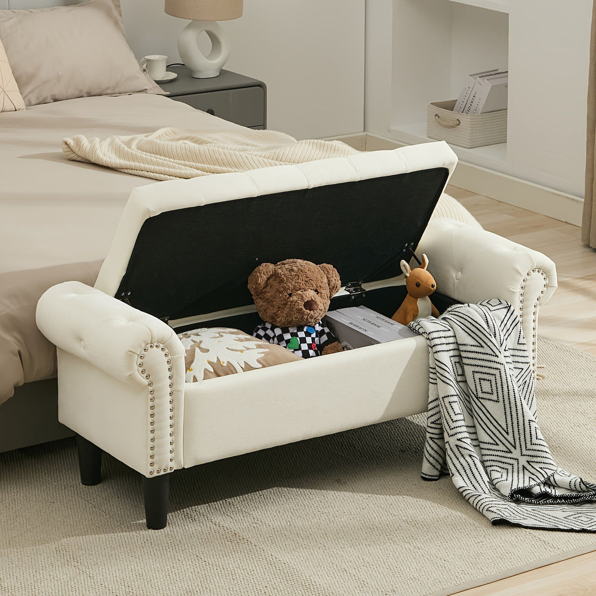Storage Ottoman with Seat, Safety Hinge Storage Bench, Chenille Fabric, Cushion Storage Bench with Seat, for Bedroom, Living Room