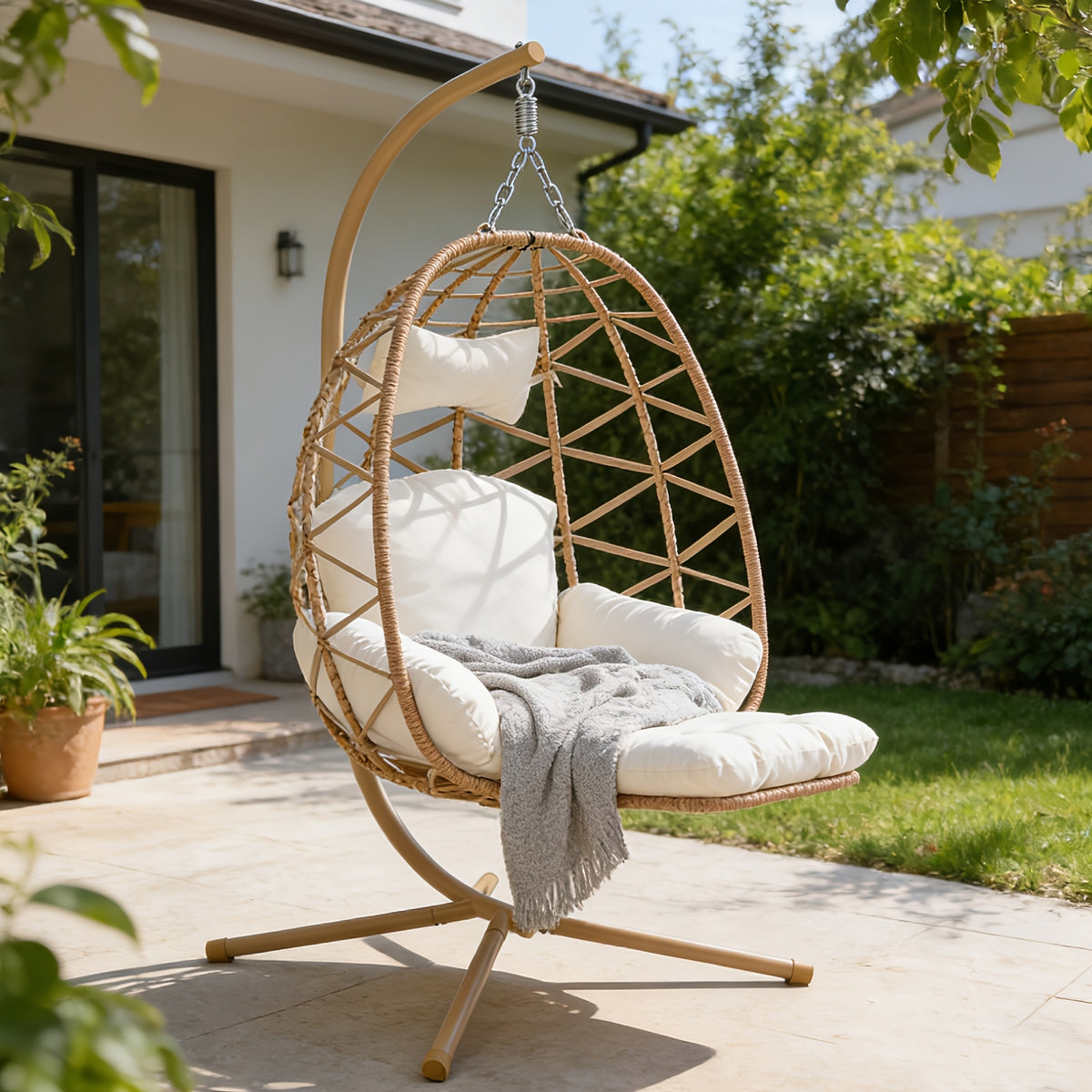 Hanging Egg Chair with Stand & Leg Rest, 350lb Rattan Wicker Swing Chair with Cushion, Patio Basket Hanging Chair Wicker Hammock Chair for Outdoor Garden Backyard Balcony, All-Weather Resilient