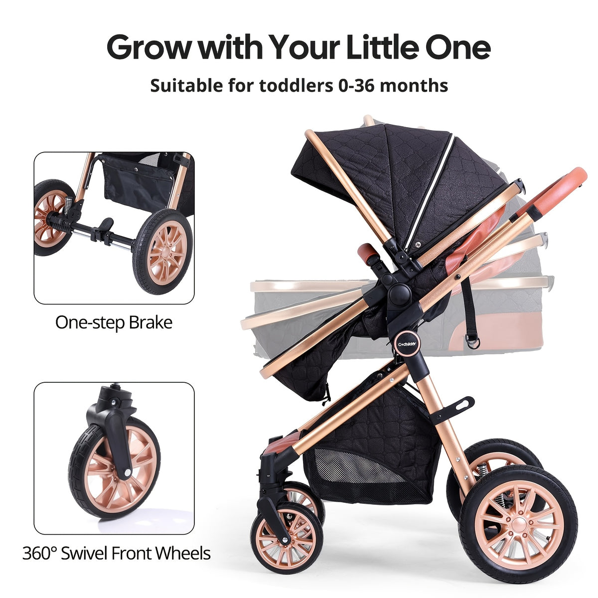 Cochildor Foldable Baby Stroller, Shock Absorption & All-Terrain Tires, Reversible Forward-Facing Push Adjustable Handlebar Large Sun Canopy Storage Basket, Lightweight Durable Aluminum Frame, for Travel Shopping Park - Two-way Baby Pram