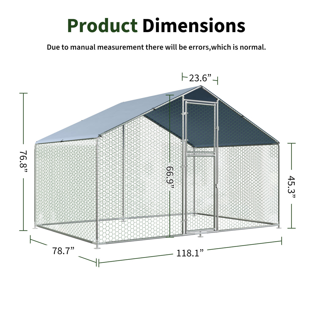 Walk-In Chicken Run with Feeding Port and UV-Resistant Cover, Galvanized Outdoor Poultry Enclosure