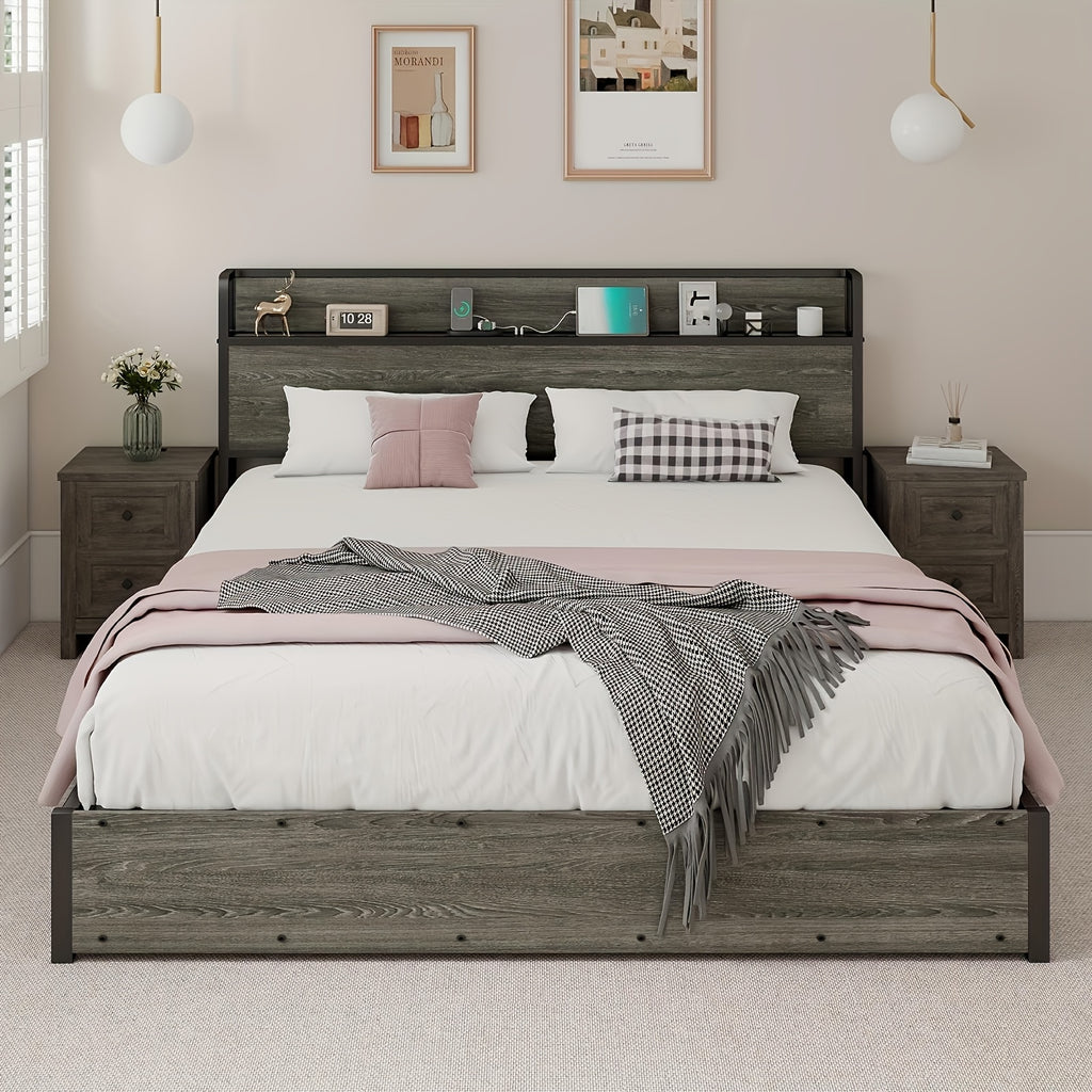 Full Queen King Size Lift Up Storage Bed, Wood Platform Bed Frame with Storage Headboard & Charging Station, No Box Spring Needed, Easy Assembly