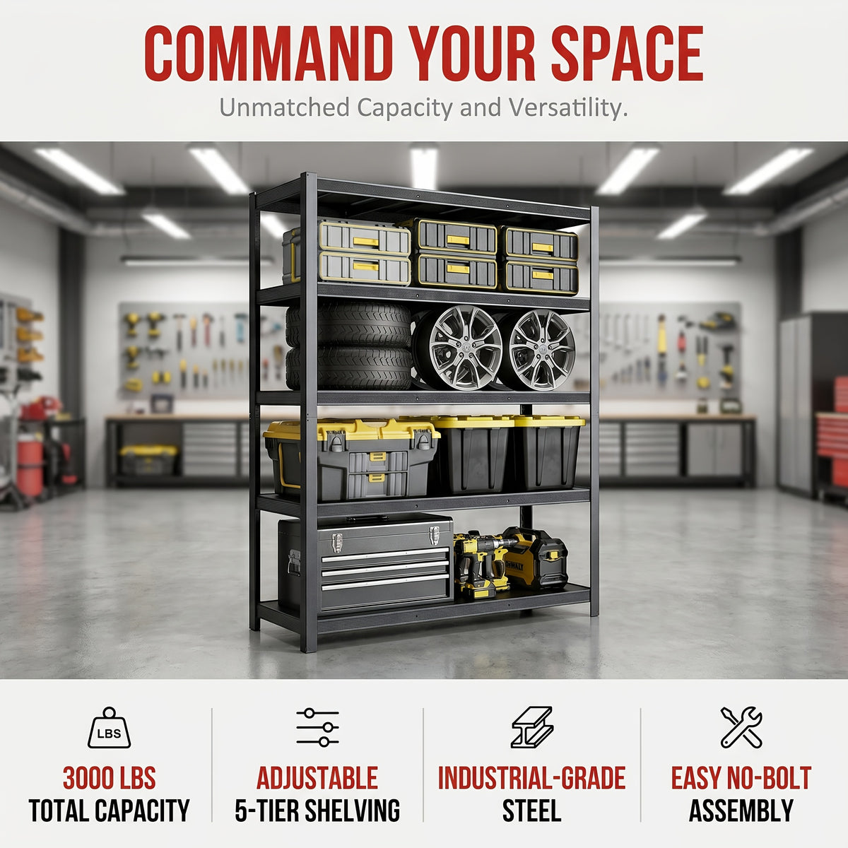Heavy-Duty 5-Tier Metal for garage Storage Shelving, 55" W X 84" H X 24" D, Adjustable Storage Rack, 3000 LBS Load Capacity, Easy to Assemble. Ideal for Garages, Pantries, Closets Or Offices, Perfect for Garage Expansion, Multi-Purpose Storage Unit