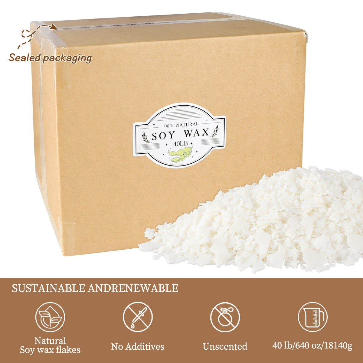 40LB Flake Soy Wax for Projects, a Natural Raw Material That Offers a Gentle And Non-Irritating Scent. Ideal for Crafting Candles, Cup Wax, And Scented Candles. Suitable for Adults, Beginners, And Teenagers, And Can Be Melted in The Microwave