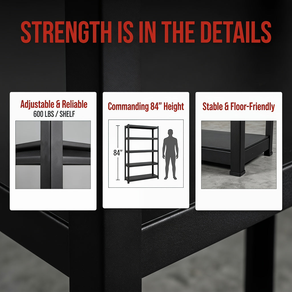 Heavy-Duty 5-Tier Metal for garage Storage Shelving, 55" W X 84" H X 24" D, Adjustable Storage Rack, 3000 LBS Load Capacity, Easy to Assemble. Ideal for Garages, Pantries, Closets Or Offices, Perfect for Garage Expansion, Multi-Purpose Storage Unit