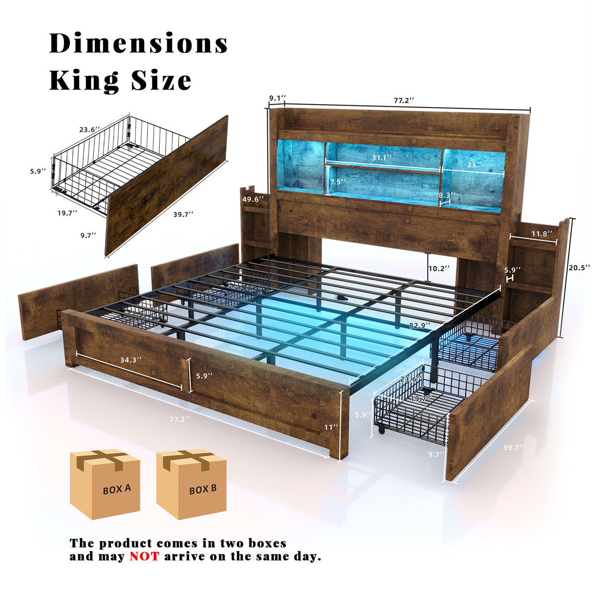 PAPABABE Bed Frame With 49.6 Inch Bookcase Headboard, 4 Drawers And 2 Detachable Storage Racks - Farmhouse Wood Bed Frame With RGB LED Lights And Charging Station, No Box Spring Needed