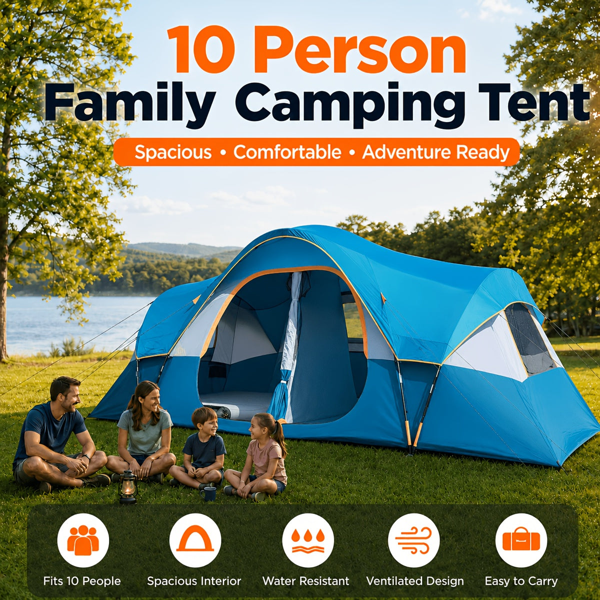 Group Camping Tent for 10 People, Two-Room Privacy Cabin with Mesh Windows and Easy Setup for Family Outdoor Trips