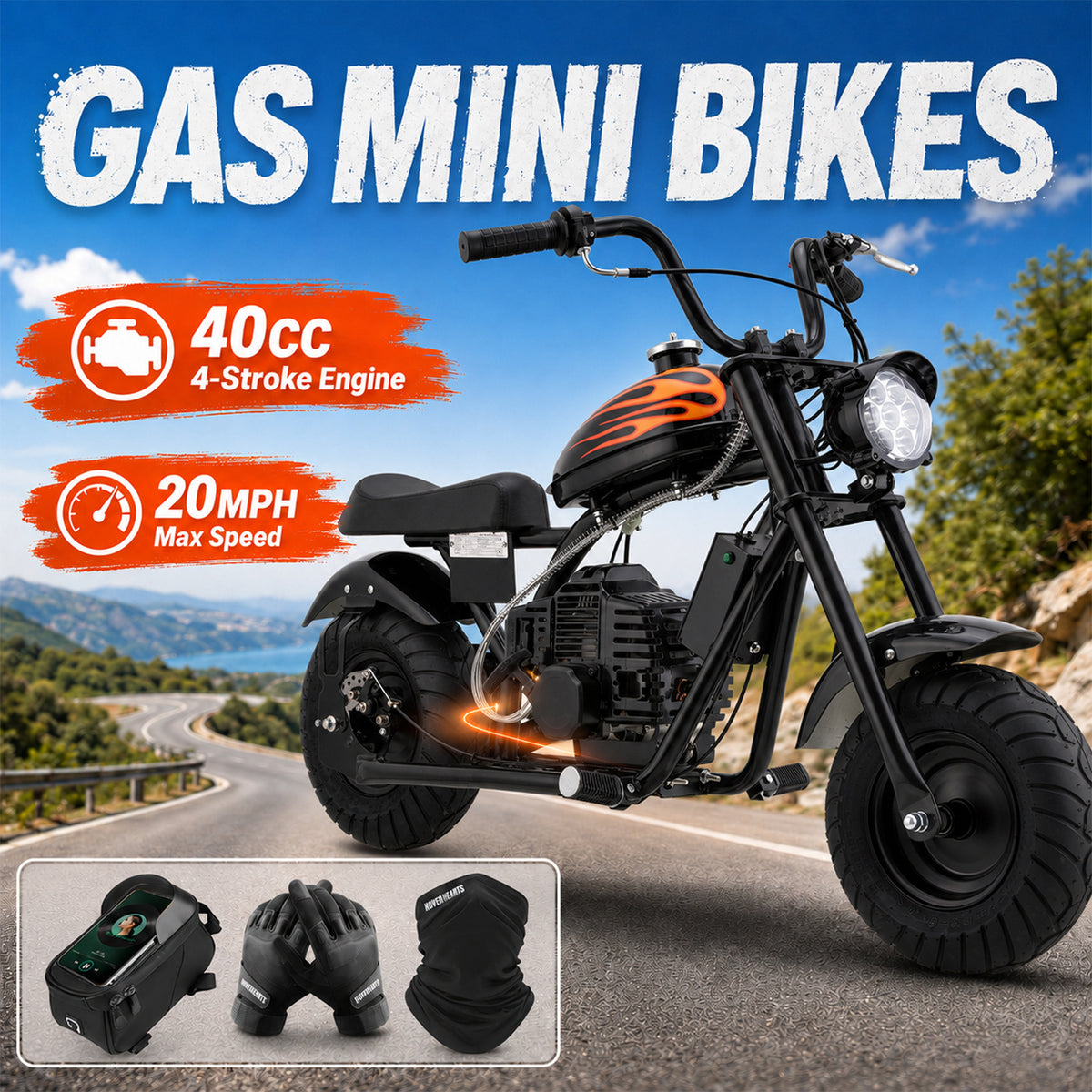 Mini Off-Road Dirt Bike, DB004 Model 40 CC 4-Stroke Gas Chopper Bike with Off-Road Tire, Disc Brakes, Led Headlight, Max Load 160Lbs, Up to 20Mph