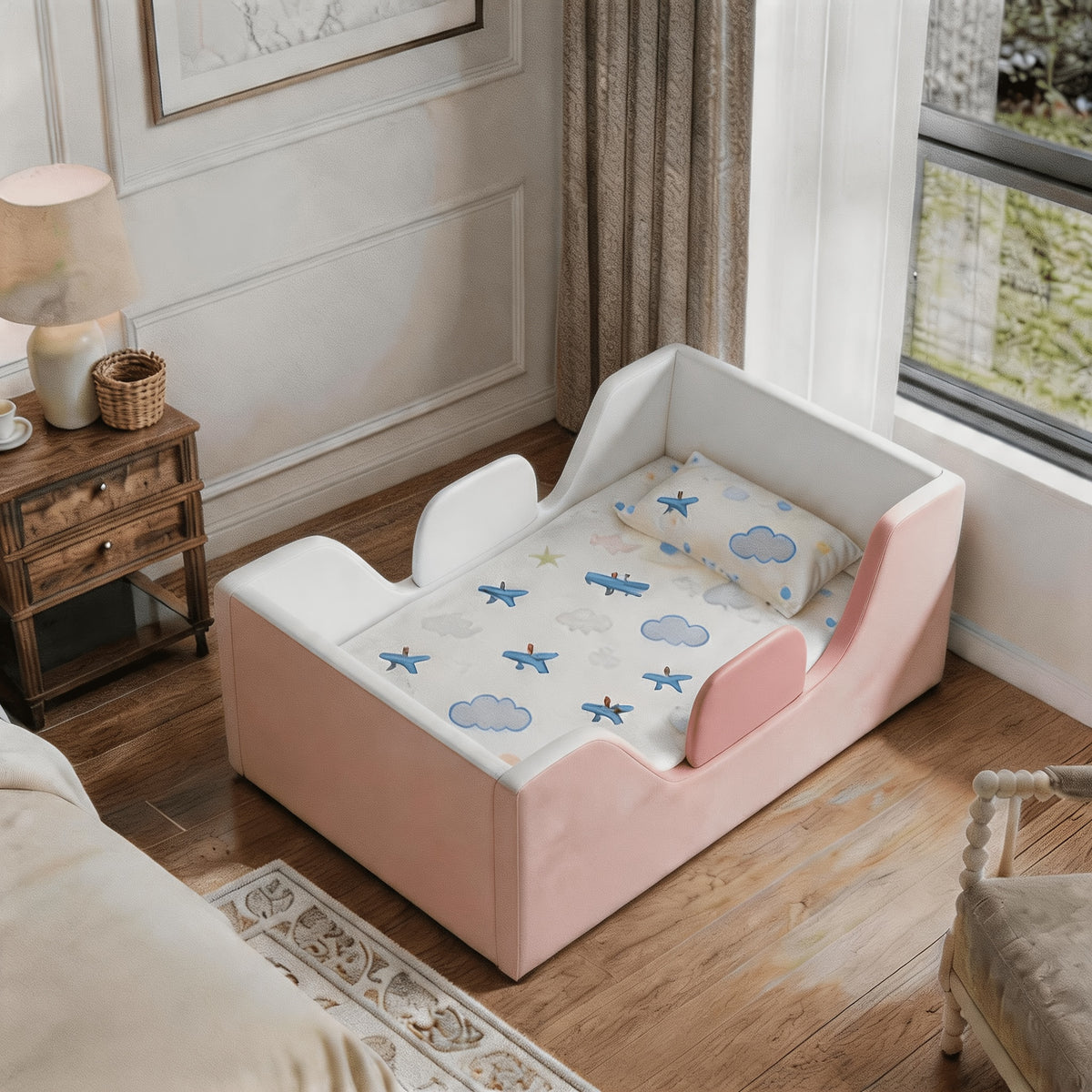 Toddler Floor Bed with Removable Safety Rails And Storage Bag, Kids Bed for Girls And Boys, Standard Crib Size, Safety Upholstered Beds, Low to Floor Design