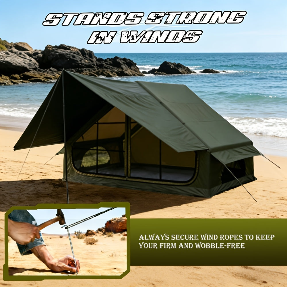 Inflatable Camping Tent（Optional: Skylight, Stove Jack） for 4-6 Person,4 Season Camping Tent, Large Luxury Air Tent with Manual Pump, Easy Setup Portable Glamping House, High Quality Windproof Family Outdoor Shelter Best Valentine's Day Gifts