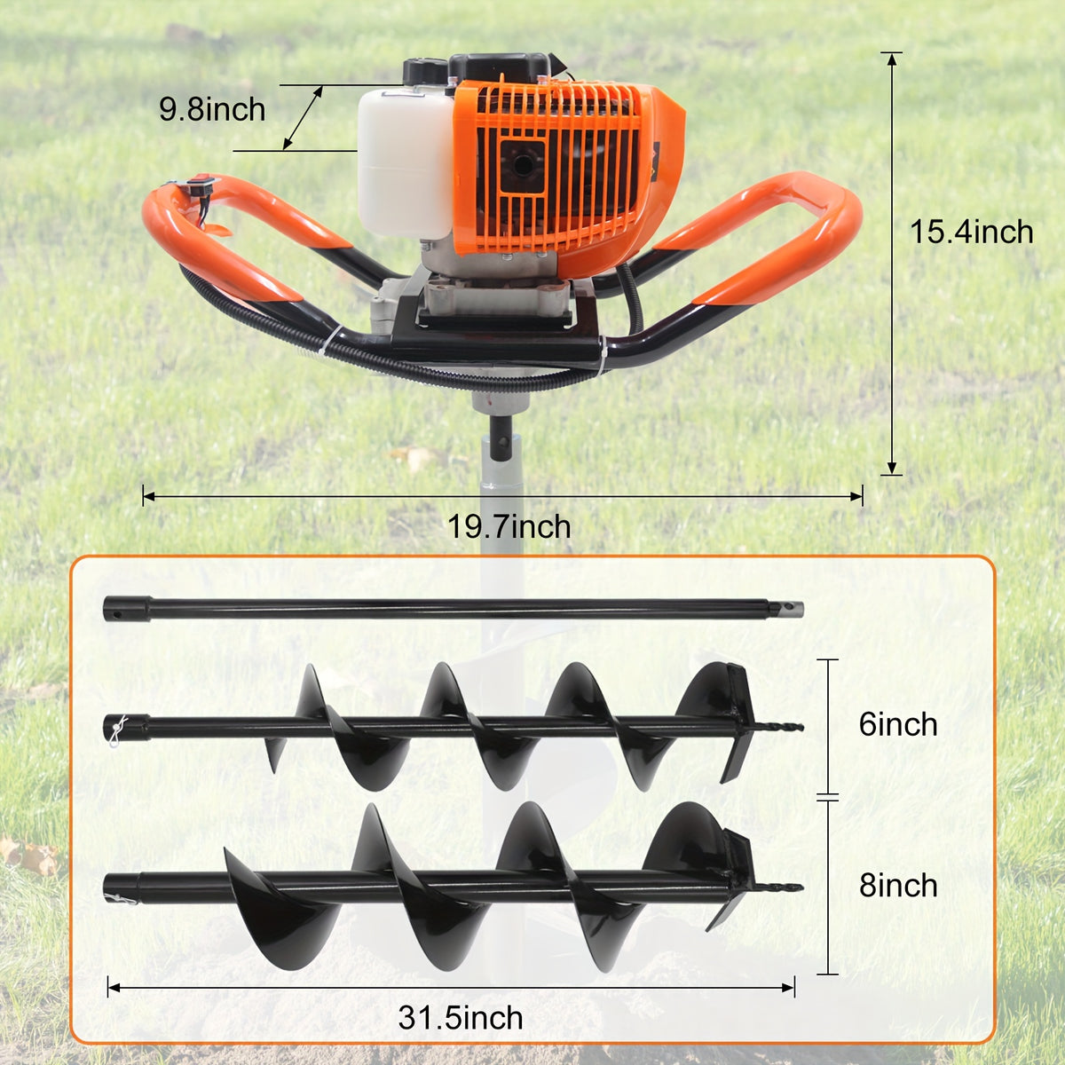 62CC Auger Post Hole Digger, a Gas-Powered Earth Post Hole Digger with 2 Auger Drill Bits (6" & 8") And 1 Extension Rod for Farming And Gardening, in Orange Color (62CC)
