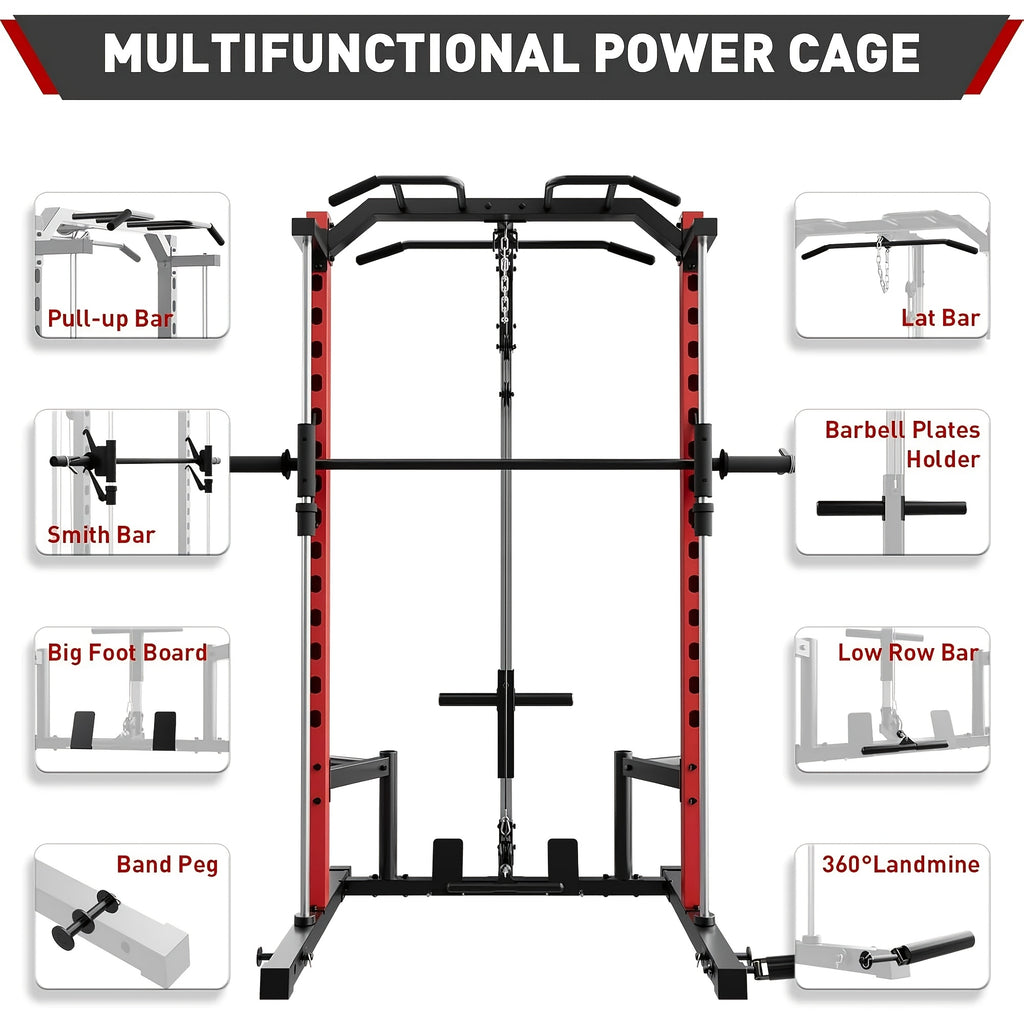 Power Cage, Multi-Functional Power Racks for Home Gym with Dual Pulley Systems, 2000 LBS Weight Capacity Fitness Squat Rack for Strength Workout with More Training Attachment Optional Weight Bench Weight Plates and Barbells Not Included