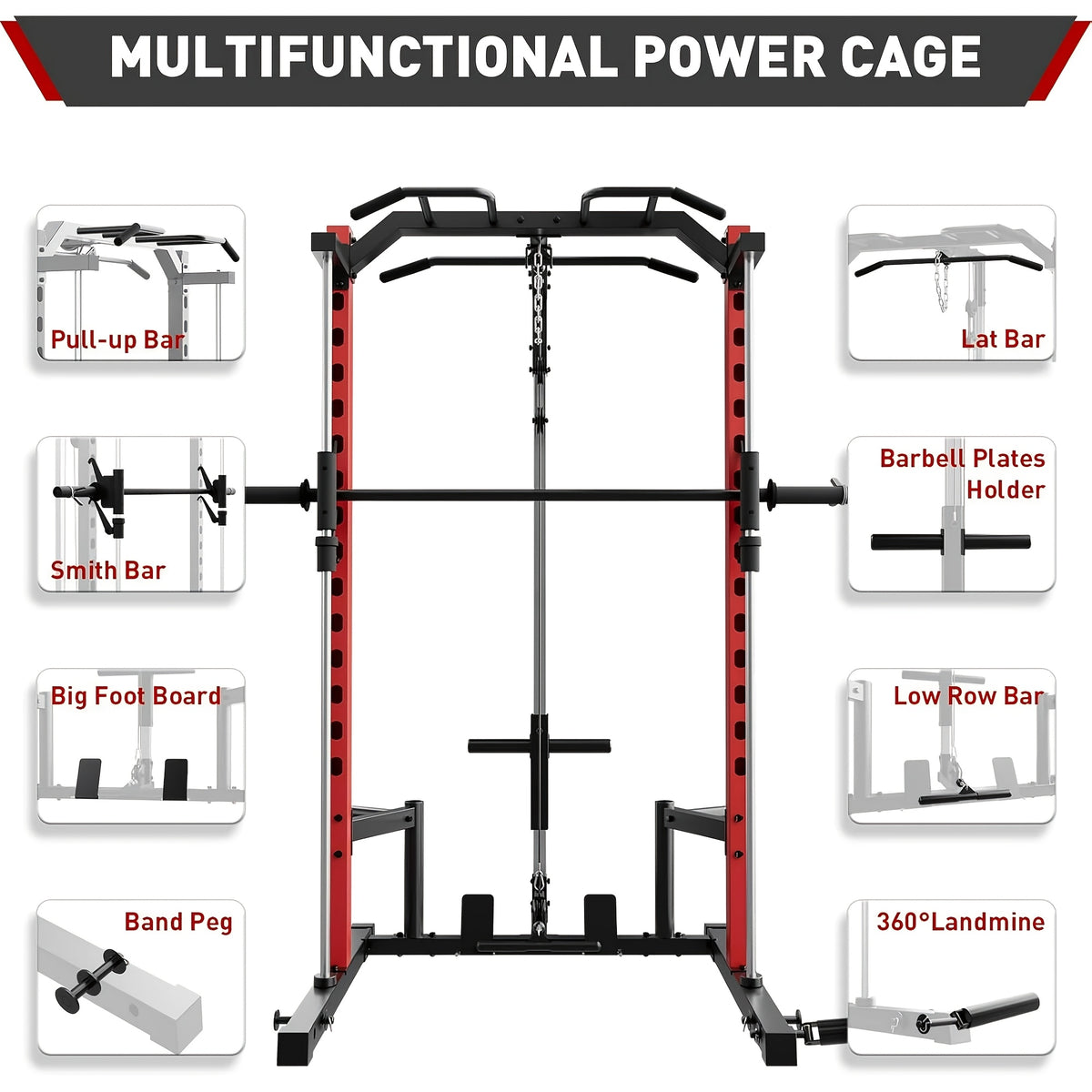 Power Cage, Multi-Functional Power Racks for Home Gym with Dual Pulley Systems, 2000 LBS Weight Capacity Fitness Squat Rack for Strength Workout with More Training Attachment Optional Weight Bench Weight Plates and Barbells Not Included