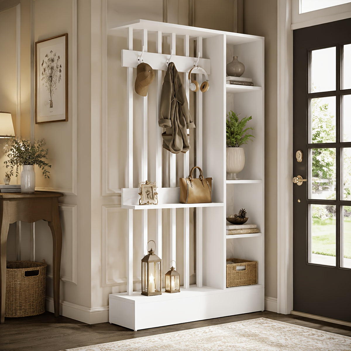 71' Wood Freestanding Room Divider, Wall Partition Bookcase with Shelves & Coat Hooks, Modern Decorative Screen for Home & Office, Brown