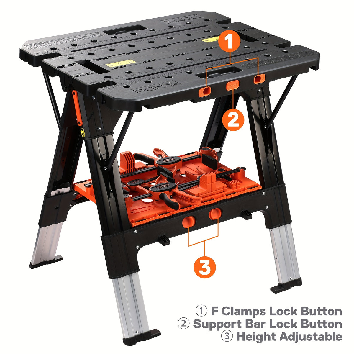 Portable Folding Work Table Pony, 2-in-1 as Sawhorse & Workbench, Load Capacity 1000 lbs-Sawhorse & 500 lbs-Workbench, 31" W×25" D×25"-32"H, with 4pcs Clamps, 4pcs Bench Dogs, 2pcs Safety Straps
