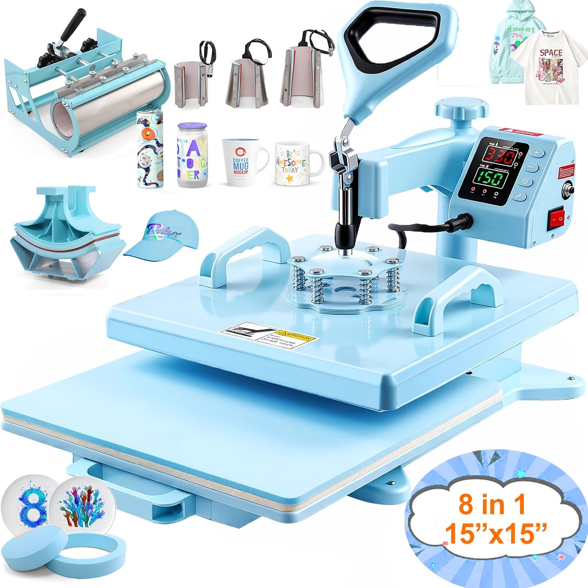 HOMDOX 15"x15" - 11pcs(8 In 1) / 8pcs(5 In 1) Heat Press Set With 30OZ Tumbler Press, Slide Out 360° Swing Away For T-Shirt/Cloth Bags/Tumbler/Mug/Hat/Plate - 15"x15" Slide Out T-shirt Heat Press Machine Can Only Press T-Shirt/Pillows/Cloth Bags