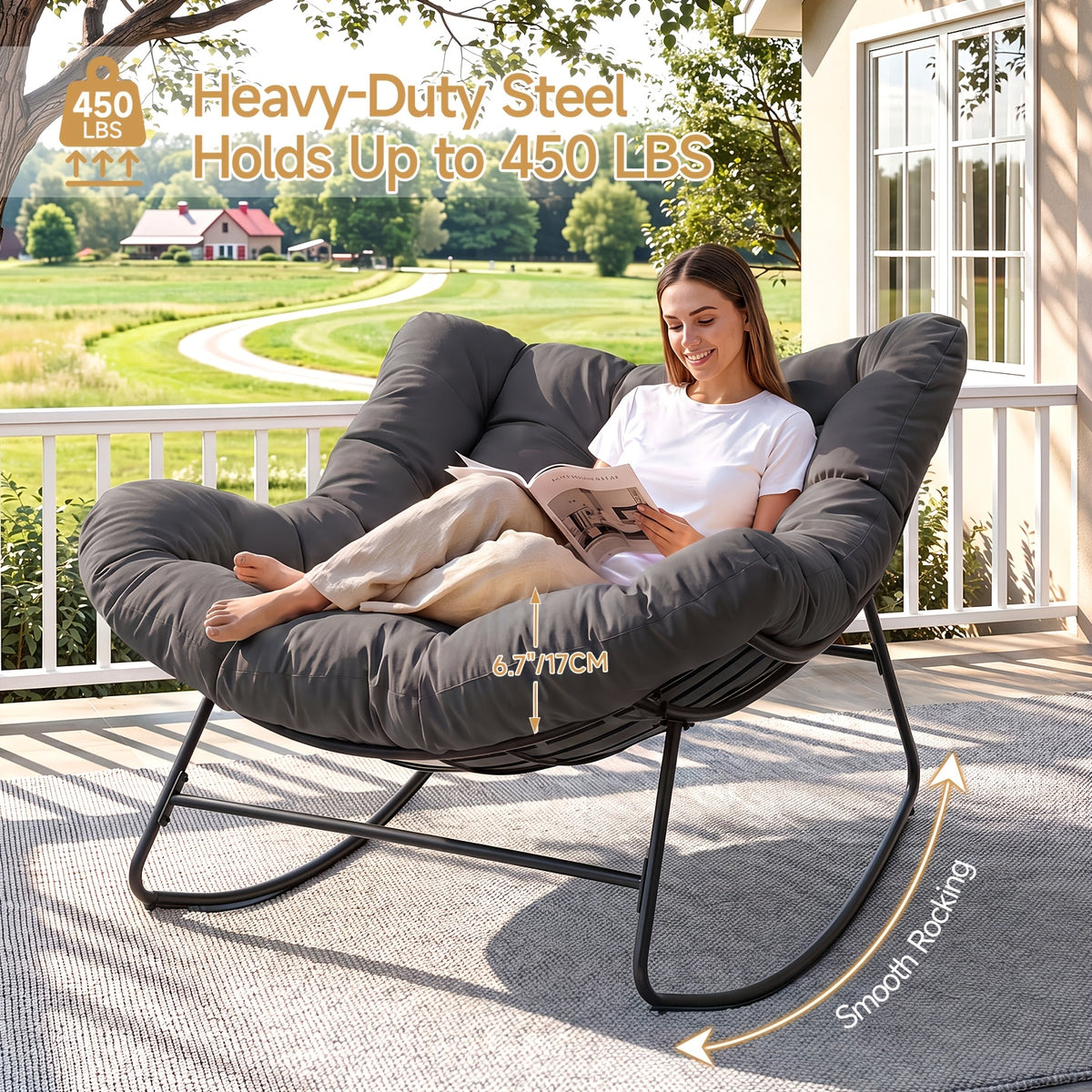 Outdoor Papasan Rocking Chair, 450 Lbs Oversized Comfy Patio Chair With Thickened Cushion, Egg Rocking Chairs, Rocker Chairs For Patio Porch Garden