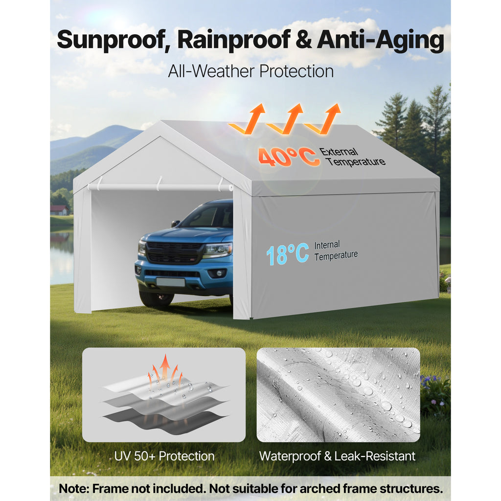 VEVOR Carport Replacement Canopy, 10 x 20 ft / 12 x 20 ft / 13 x 20 ft / 20 x 20 ft Potable Garage Tent Top Tarp with Sidewalls, UV-Resistant & Waterproof, Heavy Duty Car Shelter Tarp with Ball Buggees, Beige / Grey, Frame Not Included