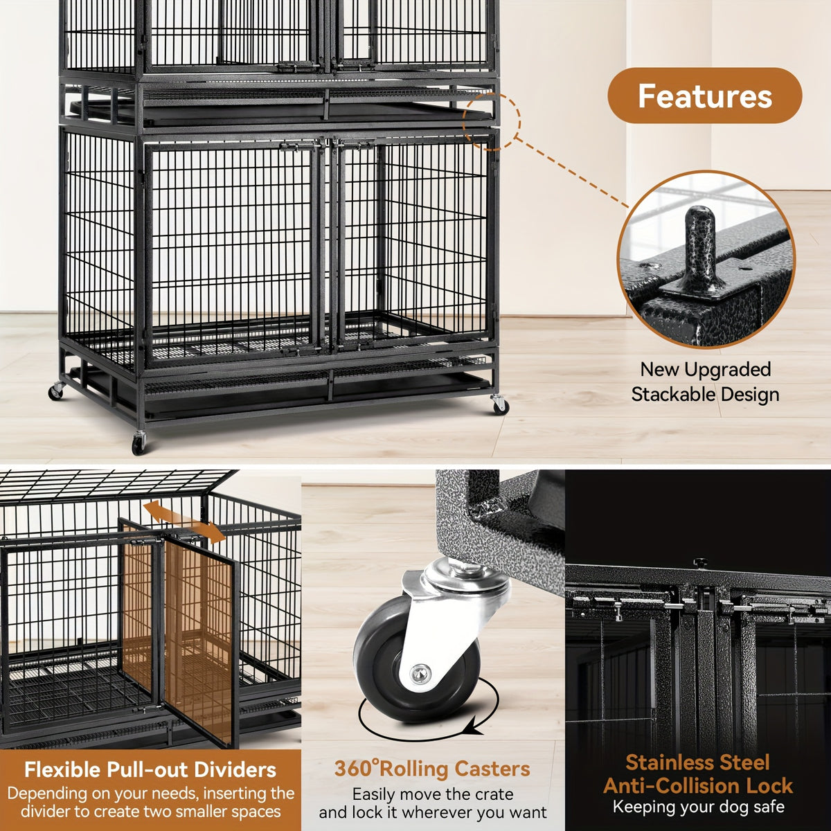 TOWALKER 48 Inch Heavy Duty Dog Crate, Indestructible Metal Wire Dog Crate, Folding Design Dog Kennel, Stackable Feature Dog Cage, XXL for Large Dogs, Sturdy Locks Design/Double Door with Wheels/Removable Tray