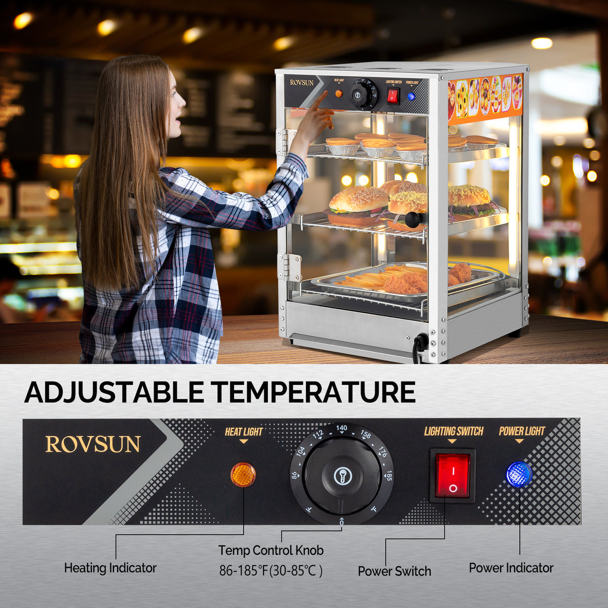 5-Tier Food Warmer Pizza Warmer Countertop, Food Warmer Display Pretzel Warmer with LED Lighting Removable Shelves Glass Door, Pastry Display Case for Buffet Restaurant Cafe, 110V 800W
