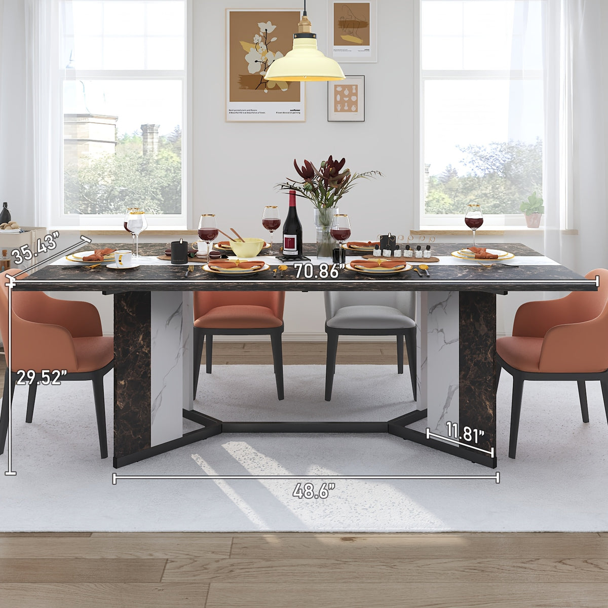 Luxurious 71-Inch Large Rectangular Dining Table with Marble-Color Wood Top, Adjustable V-Shaped Legs, Waterproof and Scratch-Proof for 4-7 People - Ideal for Family Dinners, Office, Kitchen, Living Room