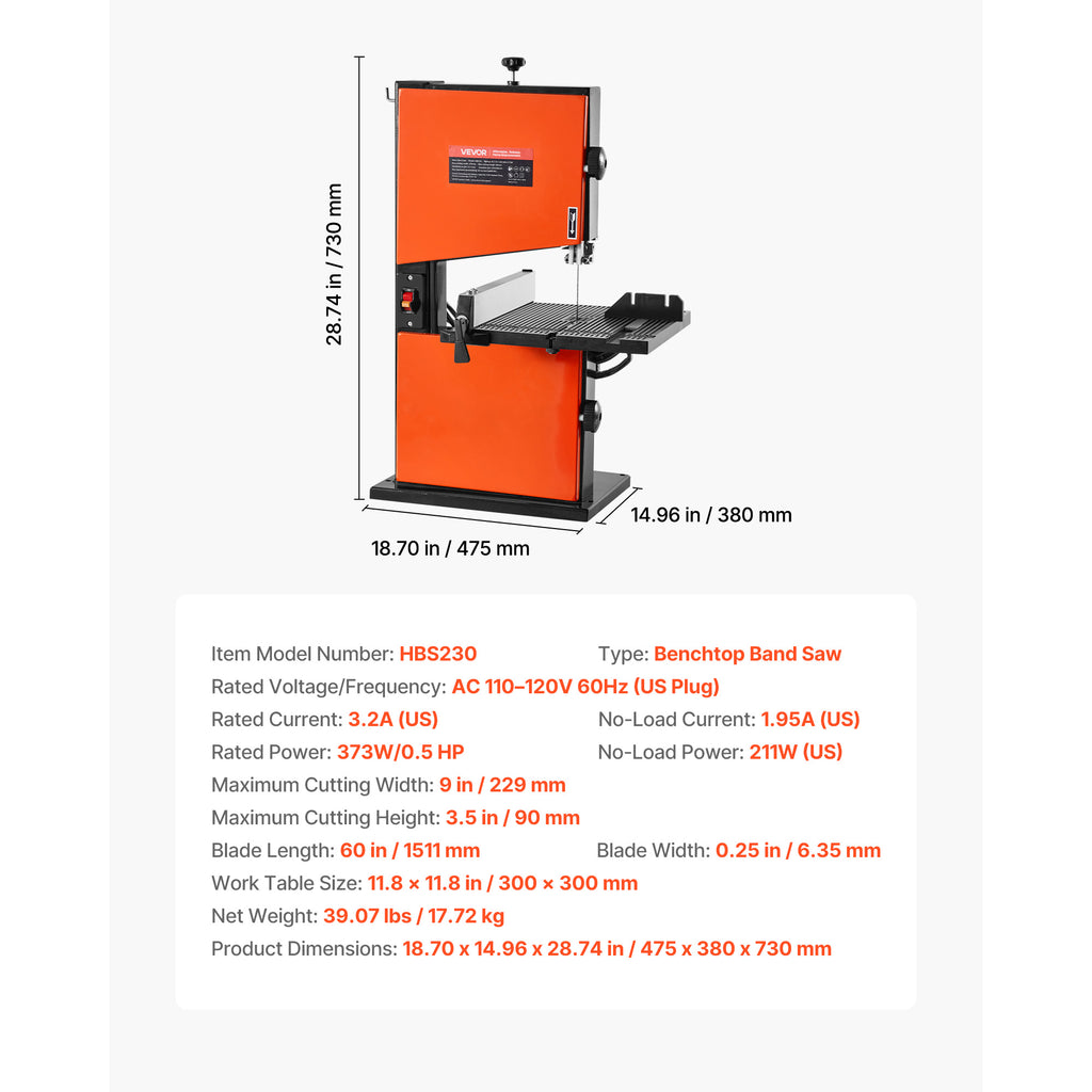 VEVOR Band Saw, 9-Inch, Woodworking Benchtop Bandsaw with 1/2 HP Motor, 3.5-Inch Max Cutting Height, 11.8 x 11.8 in Cast Aluminum Table, 0-45° Tilting Range, with Miter Gauge, Fence, for Woodworking