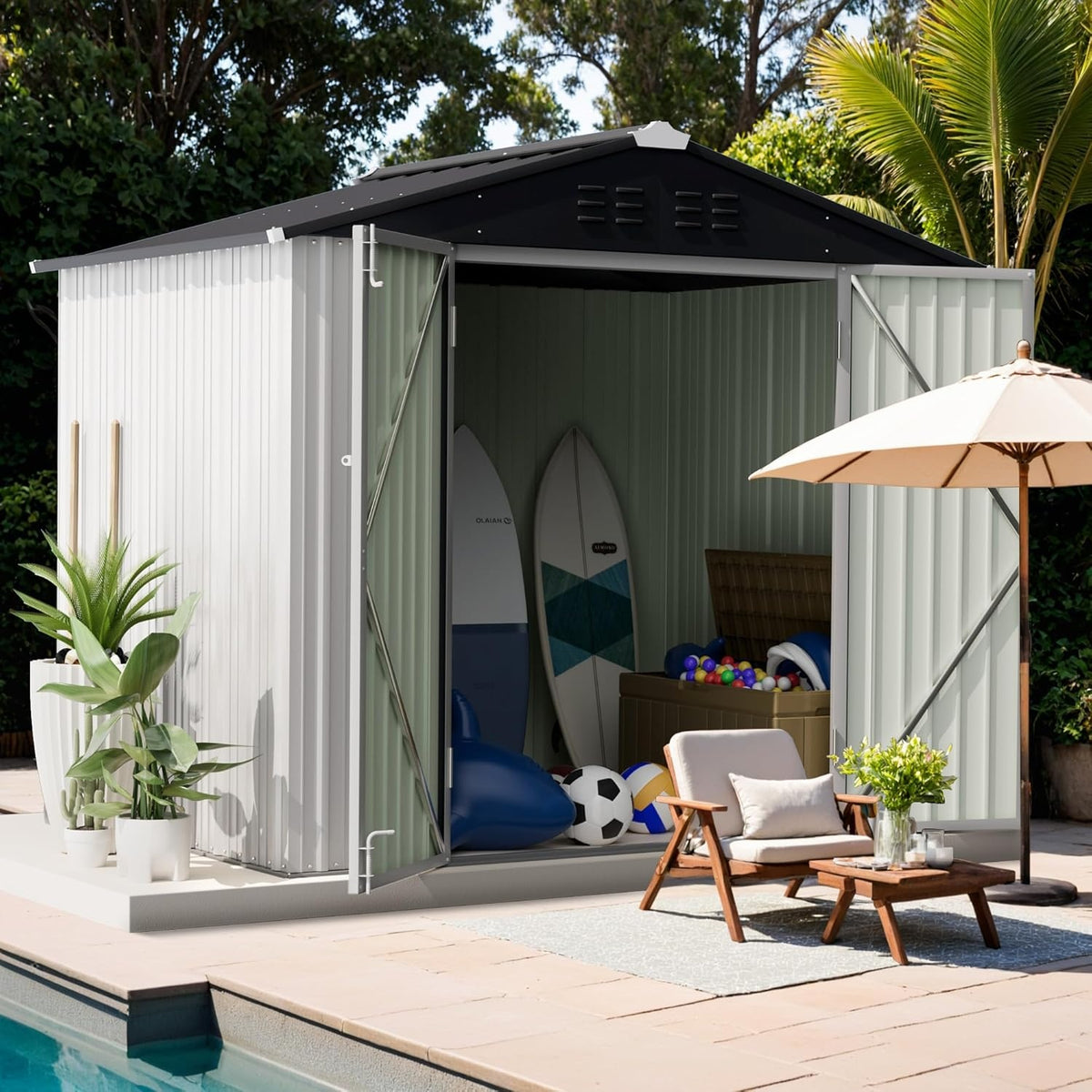 GUNJI 8X6 FT Outdoor Steel Storage Shed with Lockable Doors, Compact Small Bike Shed, Ideal for Garden, Backyard, Swimming Pool, Patio Utility And Tool Storage