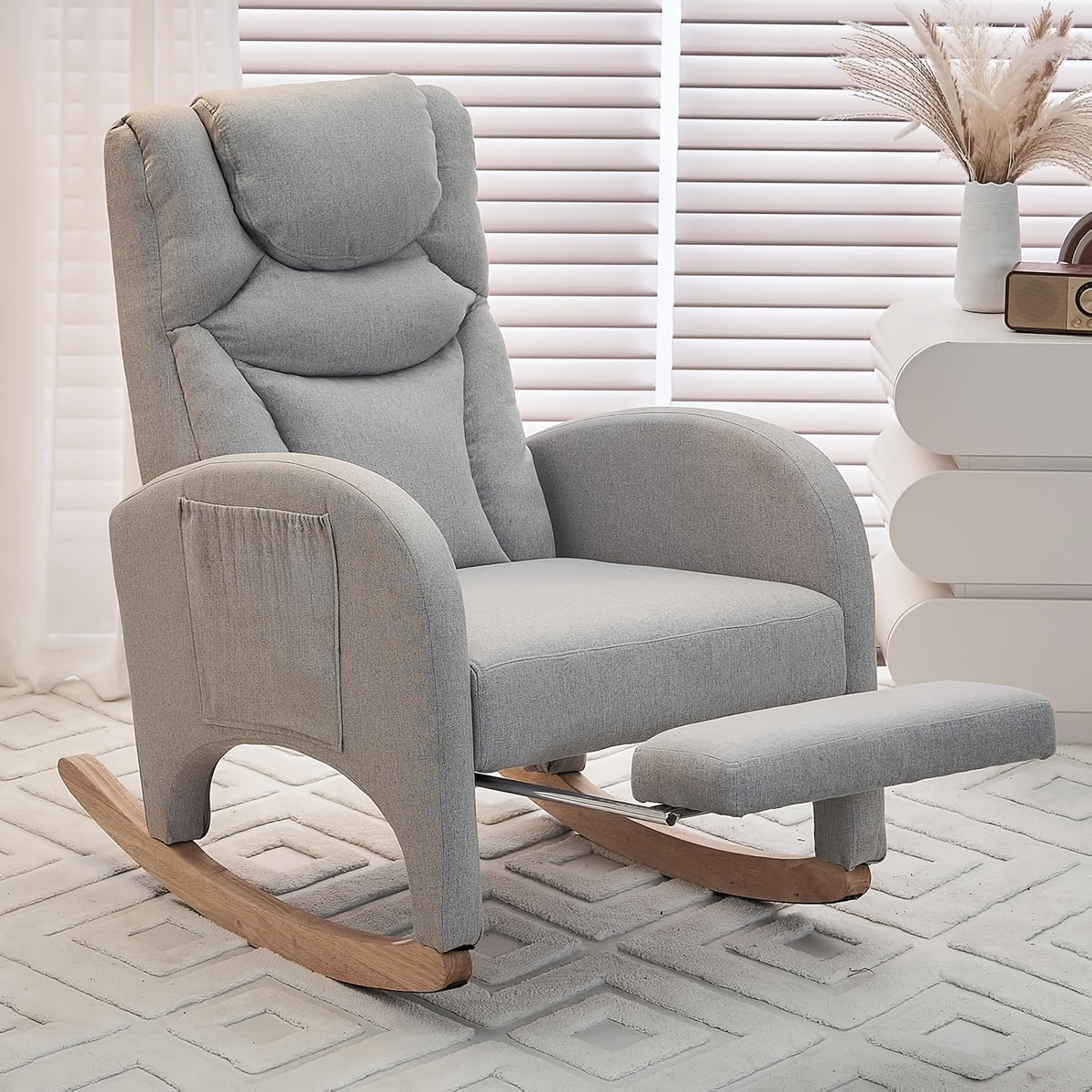 Rocking Chair Nursery, Modern Glider Chair with Adjustable Footrest And Solid Wood Legs, High Backrest Nursery Chair with Side Pocket, Rocker Armchair for Living Room Bedroom