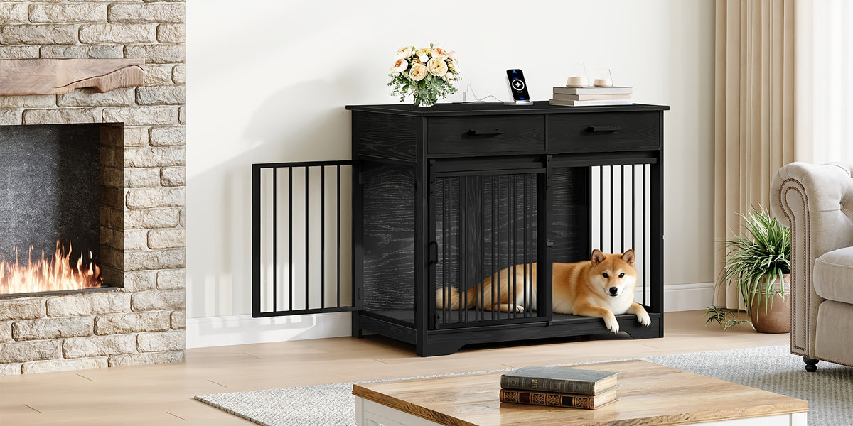 38.2'' Dog Crate Furniture with Charging Station, Barn Door Dog Kennel Indoor with 2 Storage Drawers, Wooden Pet Cage End Side Table for Medium/Large Dogs, Chew-Proof, Black/White Brown
