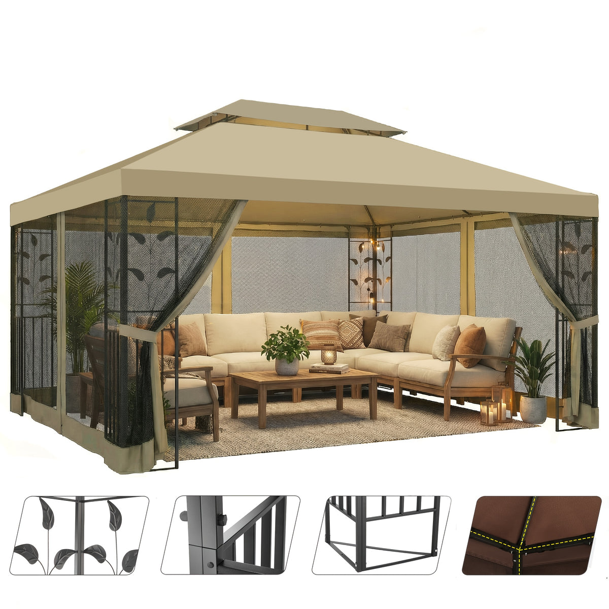 10×13ft Wedding Party Canopy, Outdoor Folding Gazebo, With 4 Detachable Mosquito Net Walls, With Ground Stakes, Easy Set Up, Sun Protection, Double Roof Design, Suitable For Garden, Courtyard, Outdoor, Villa, Terrace, Deck, Birthday Gift, Game Tent
