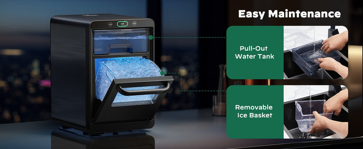 44 LBS Nugget Ice Maker Machine, Desktop ice maker, with front-pull-out water tank and removable basket, suitable for home/ kitchen/ camping, stainless steel