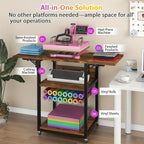 Foldable Heat Press Table, 3 Tier Movable Heat Press Stand With Vinyl Roll Holder, Heavy Duty Metal Shelf Cart For DIY Sublimation Transfer Machine And Printer, Brown